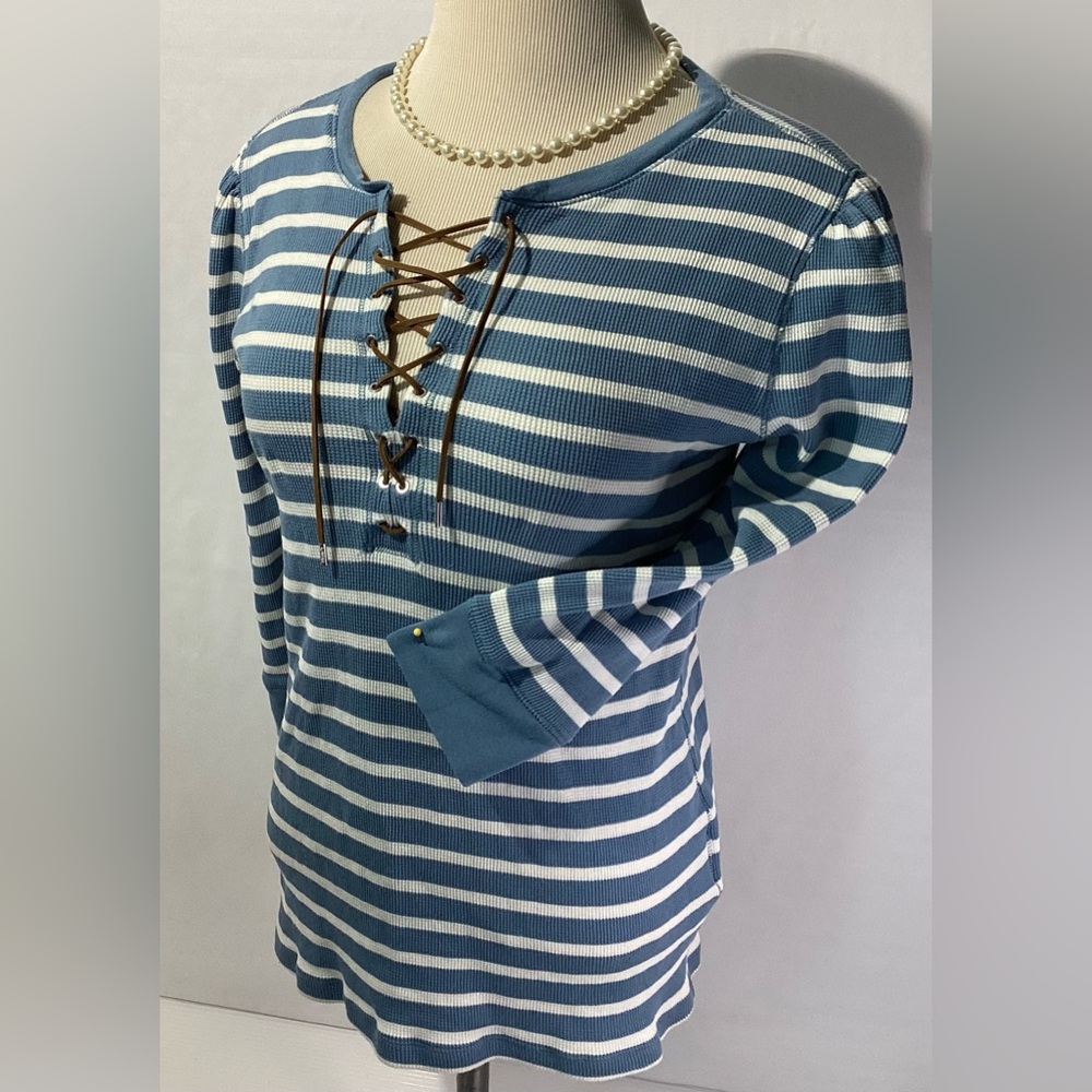 Lauren Ralph Lauren Woman’s Top Size M 3/4 Sleeves Pullover Striped Blue White